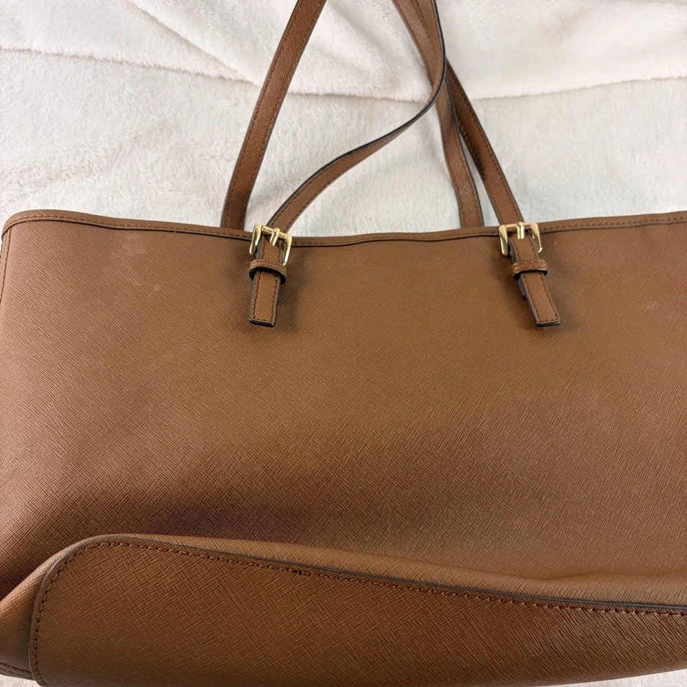 Michael Kors Jet Set Travel Saffiano Leather Tote Bag Luggage Brown Gold Charm